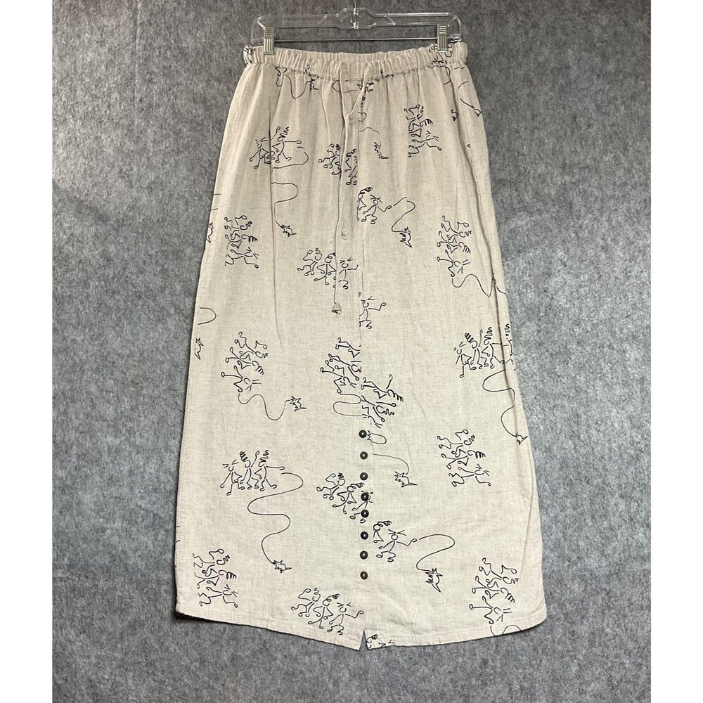 The Produce Co. Skirt Womens M Beige Line Art Abstract Maxi Flax Blend Pull On